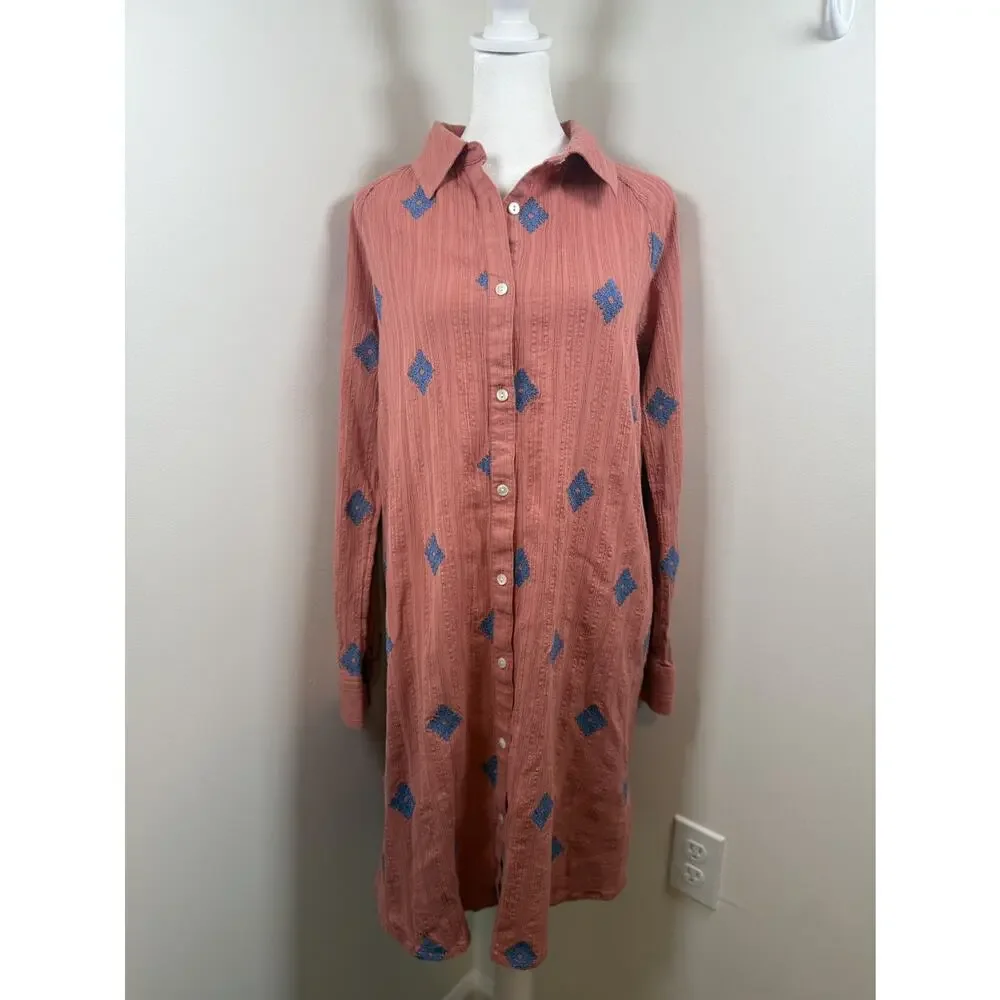 J. Jill Pure Jill Embroidered Shirtdress CoralBlue Small Cotton Boho Cottagecore